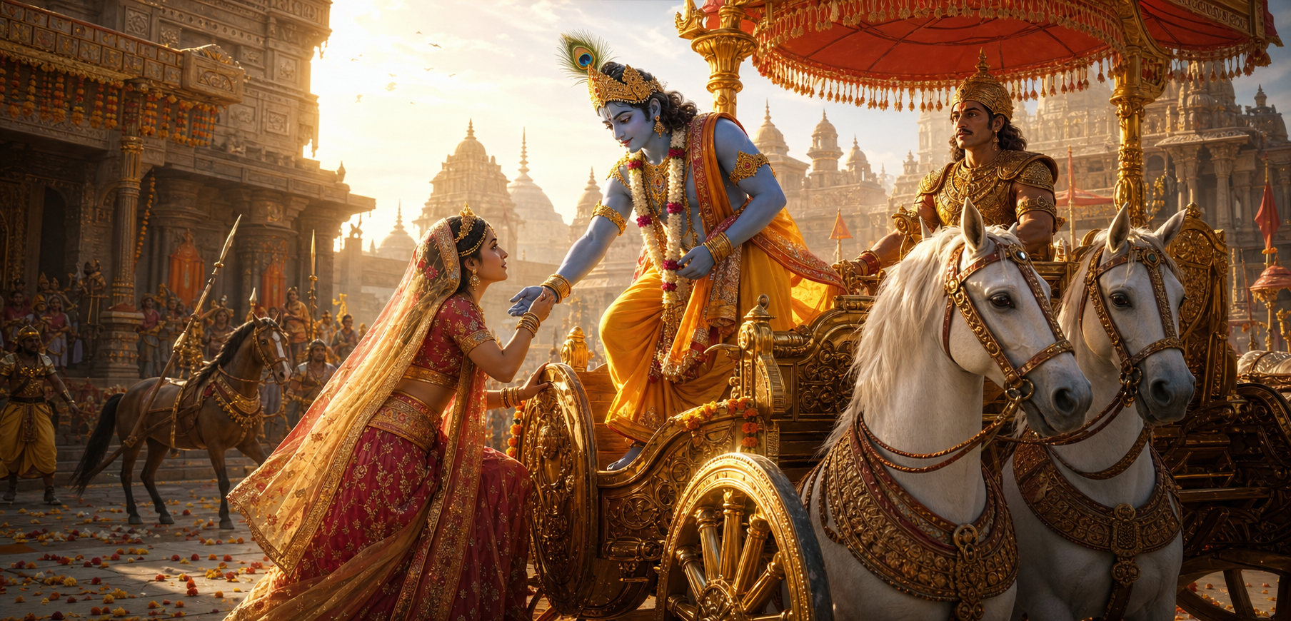 Krishna respectfully taking Rukmini onto His chariot after her prayer for rescue from an unwanted marriage