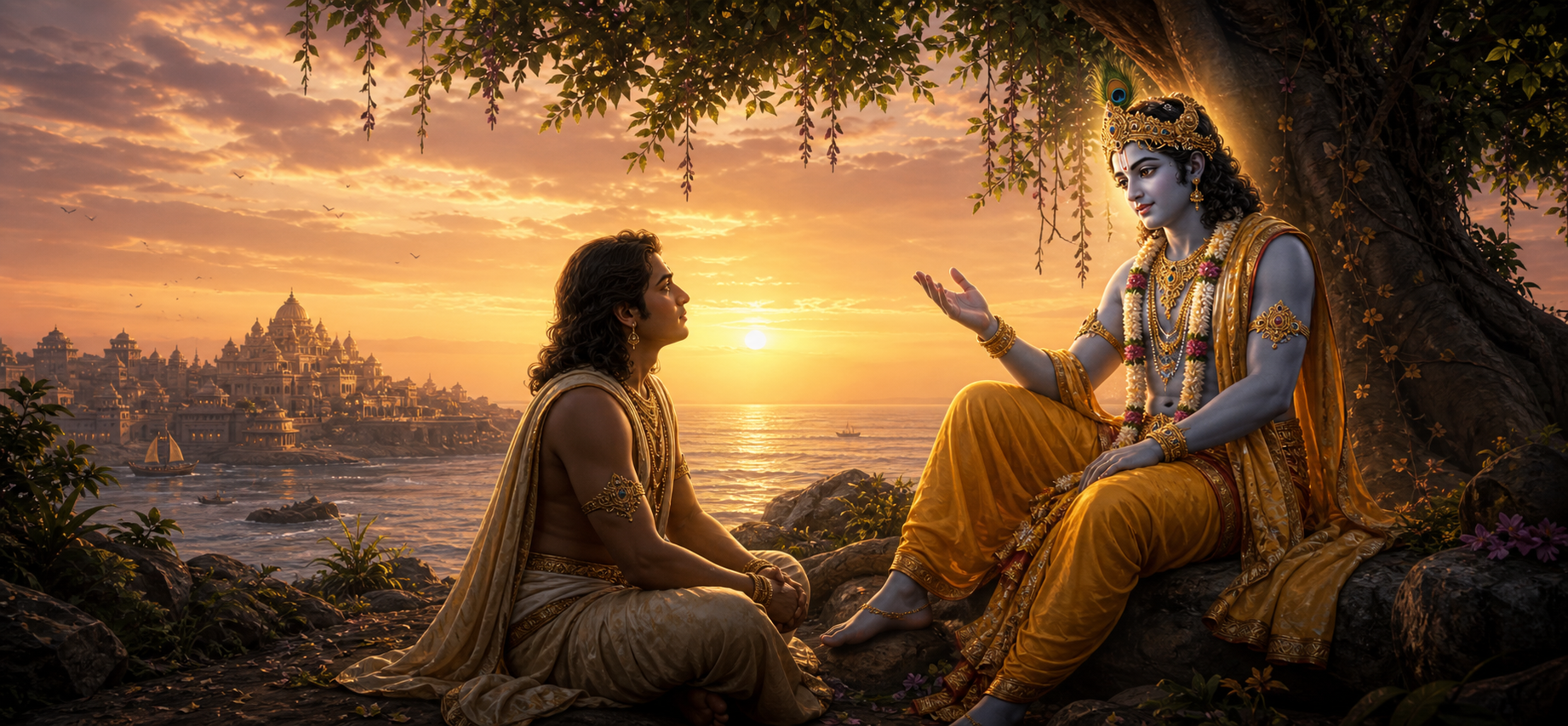 Krishna giving final wisdom to Uddhava near Dwaraka at sunset before His earthly departure