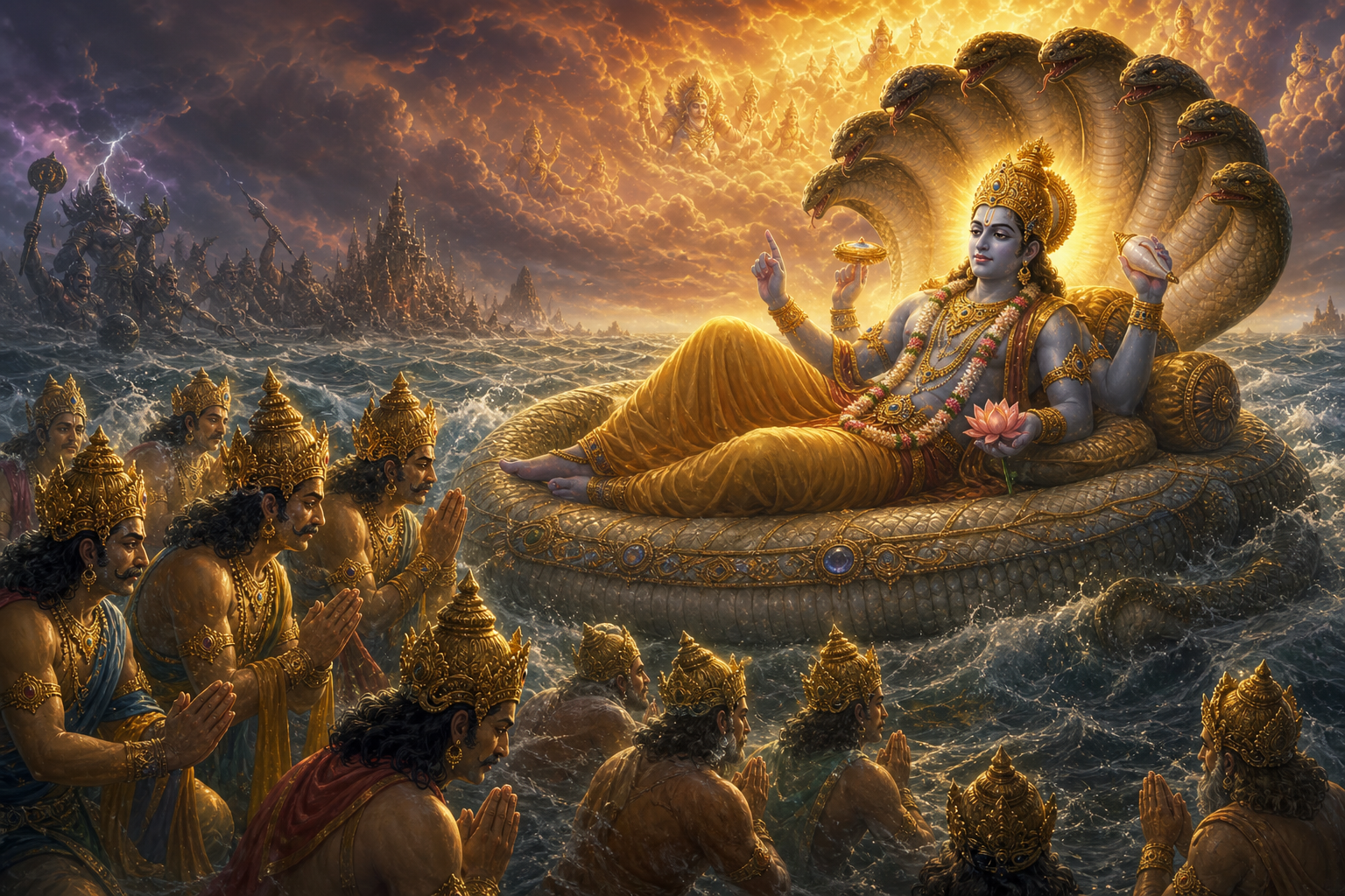 Defeated Devas praying to Lord Vishnu on Ananta Shesha in the Ocean of Milk for guidance to restore dharma