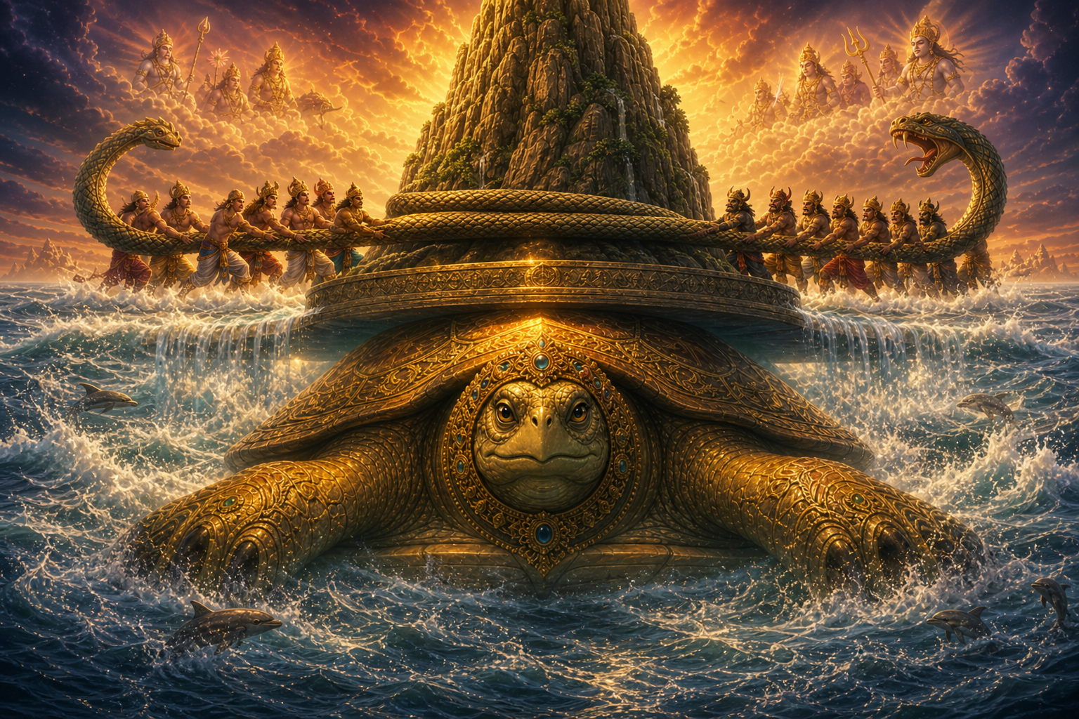 Golden Kurma tortoise supporting Mount Mandara as Devas and Asuras churn the Ocean of Milk with serpent Vasuki
