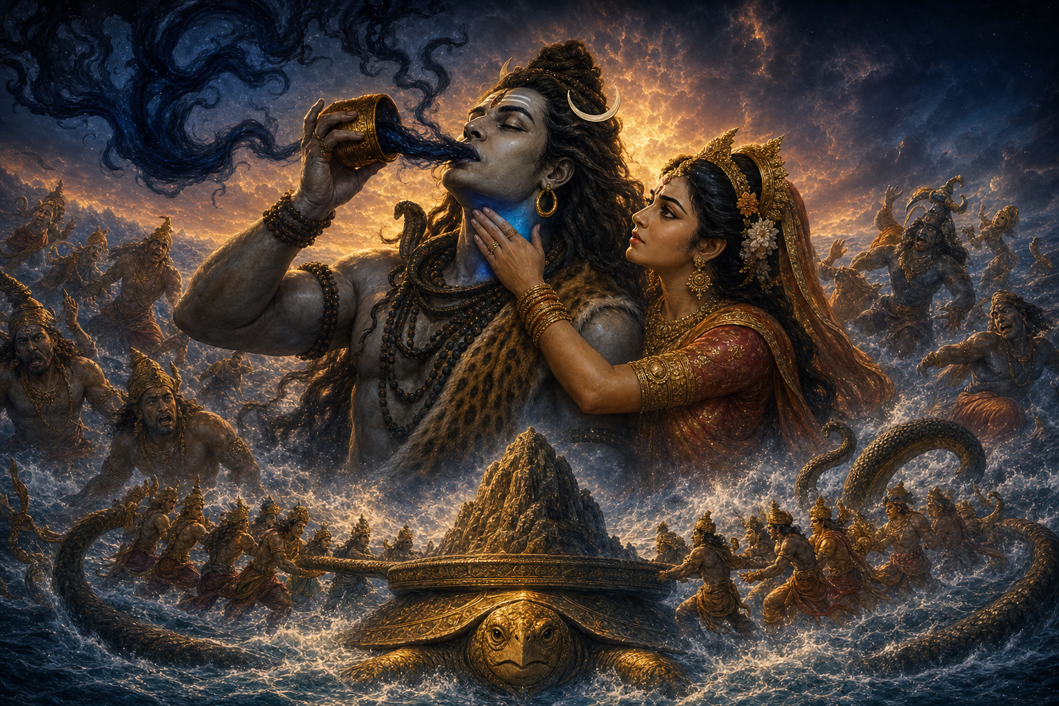 Lord Shiva drinking the Halahala poison as Parvati holds his throat, becoming Neelakantha