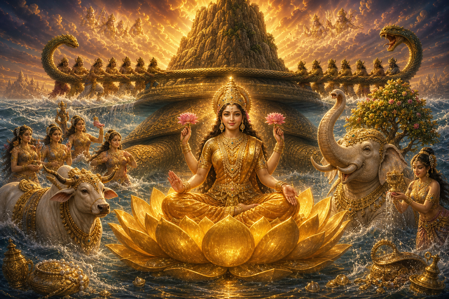 Goddess Lakshmi emerging from the Ocean of Milk on a golden lotus amid the fourteen divine ratnas