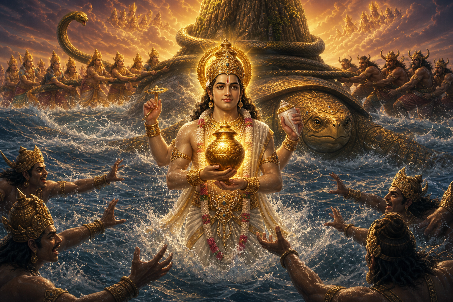 Dhanvantari emerging from the churning ocean carrying the golden pot of Amrita