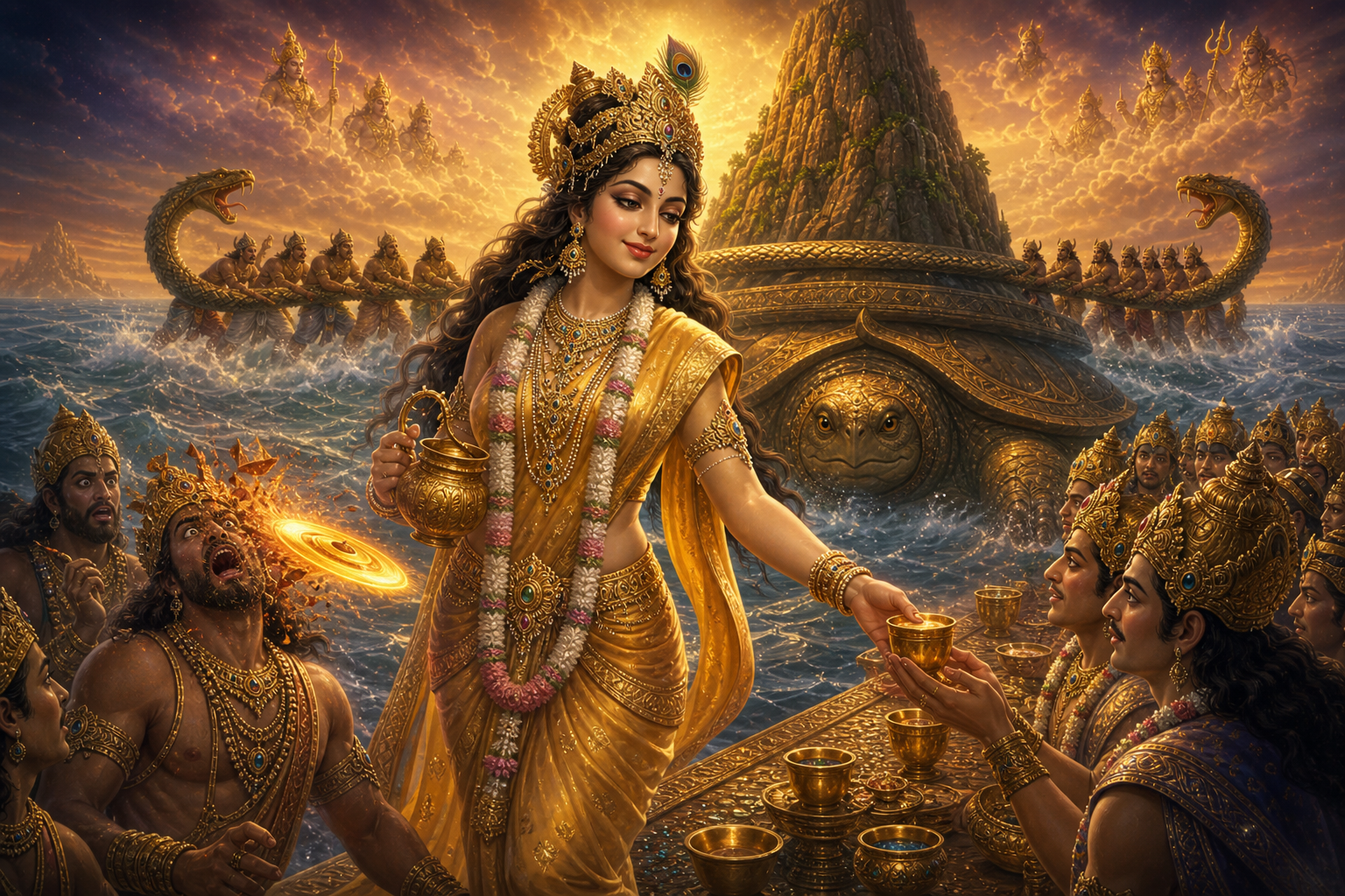Mohini distributing Amrita to the Devas while the Asuras are enchanted by her divine grace