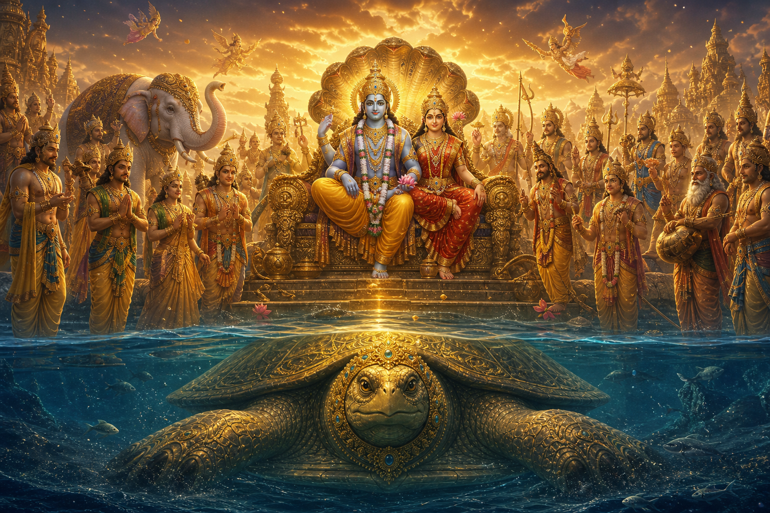 Dharma restored after Samudra Manthan with Indra enthroned, Lakshmi beside Vishnu, and Kurma as silent eternal support