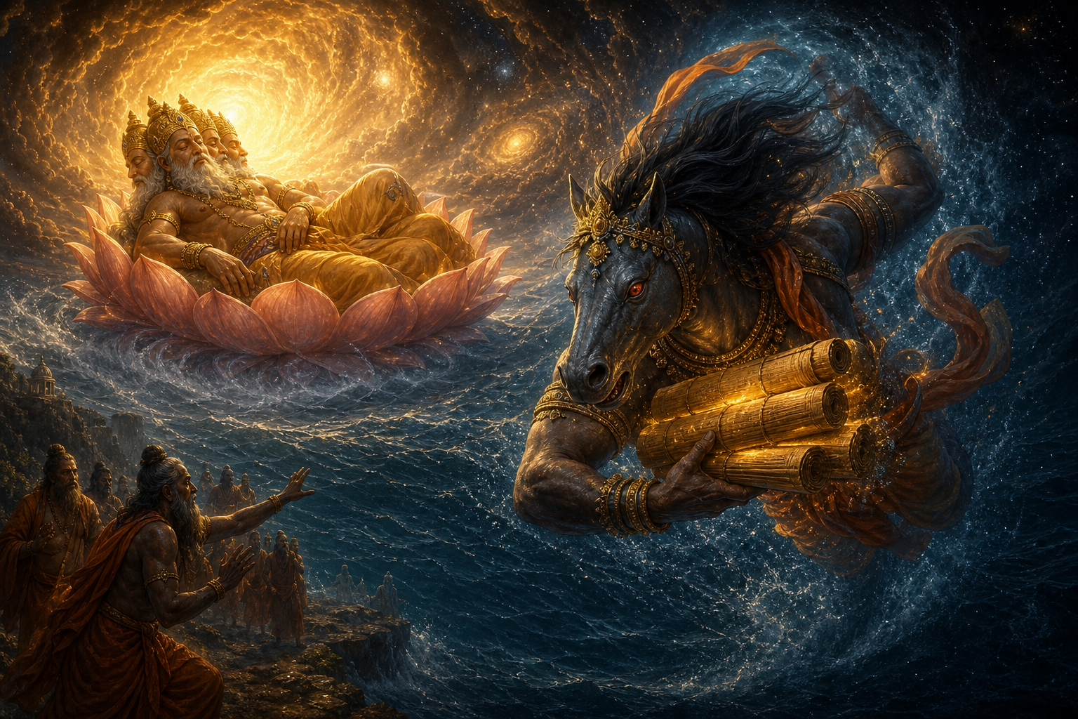 Hayagriva the rakshasa stealing the four Vedas from sleeping Brahma at the cosmic junction between Manvantaras
