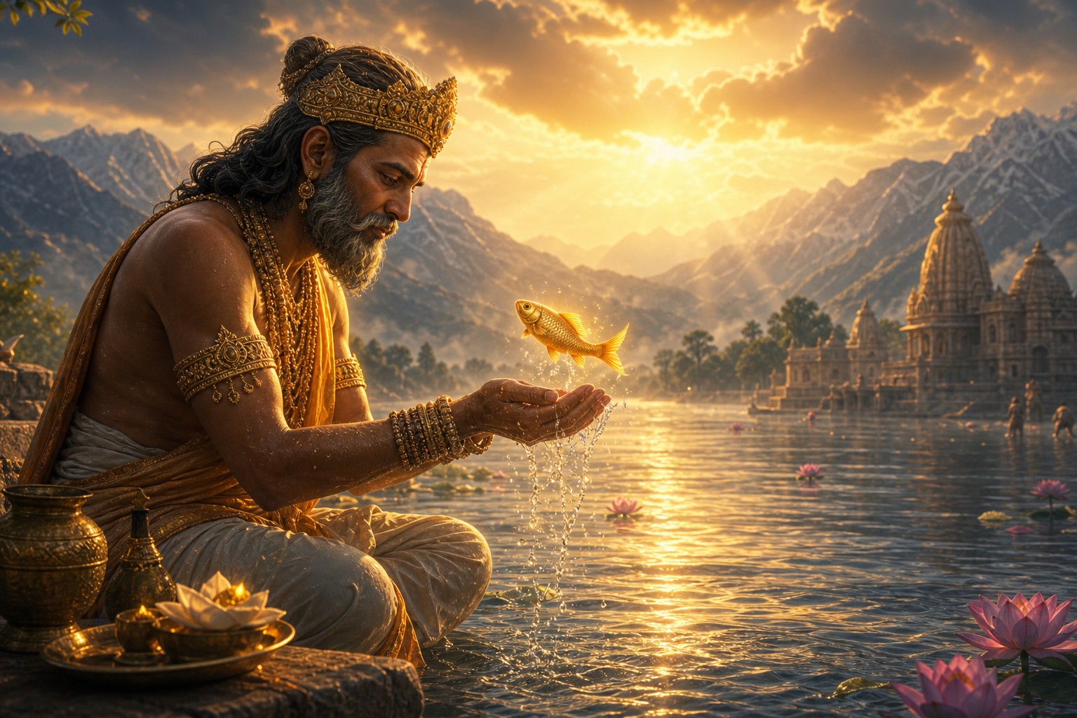 Tiny radiant golden Matsya fish appearing to King Satyavrata during tarpana at the sacred river