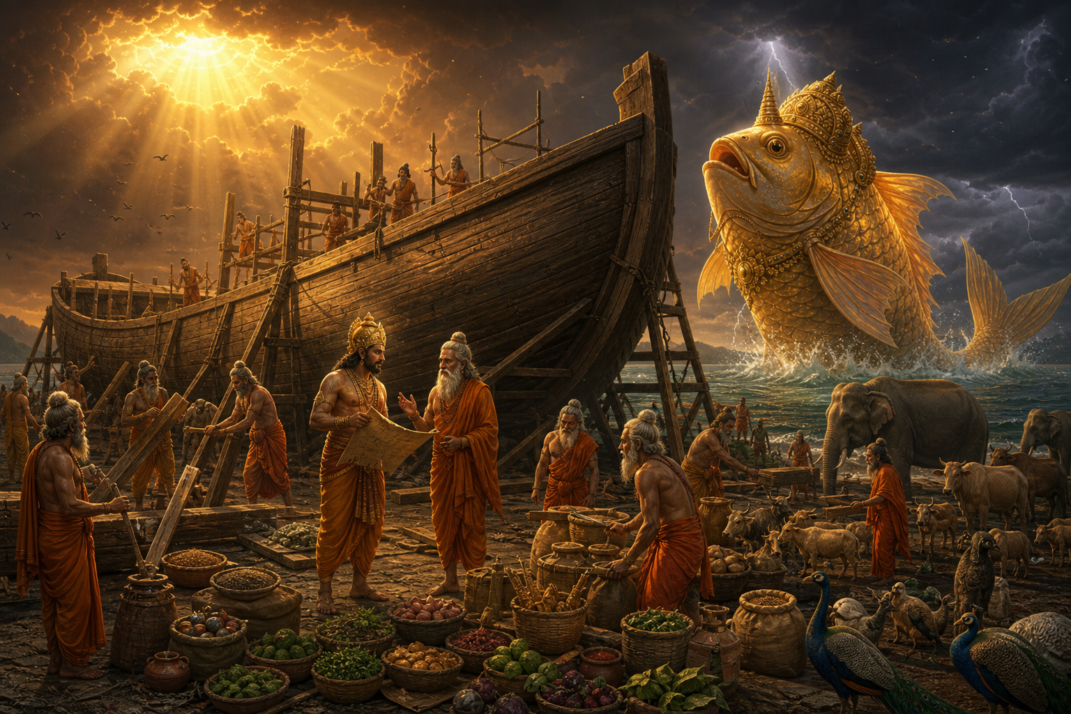 Satyavrata and the Saptarishis building the great boat and gathering seeds and beings before the Pralaya