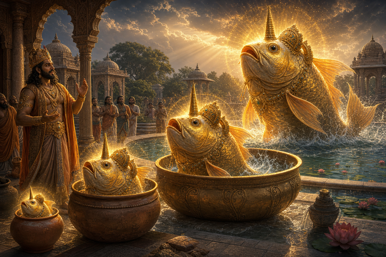 The divine Matsya fish growing miraculously from clay pot to lake as Satyavrata watches in awe