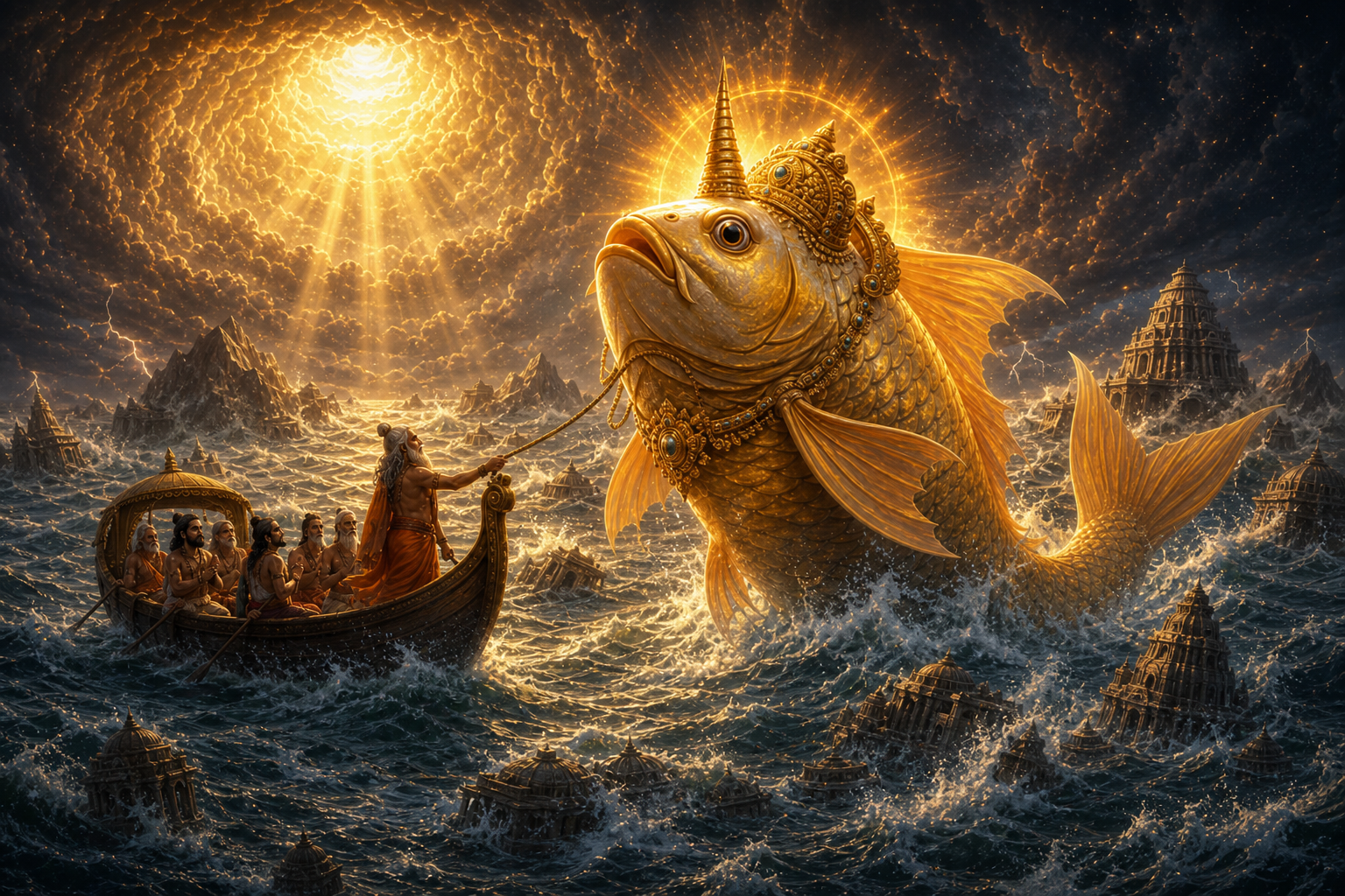 Enormous golden Matsya with horn towing the boat of life through the cosmic Pralaya flood