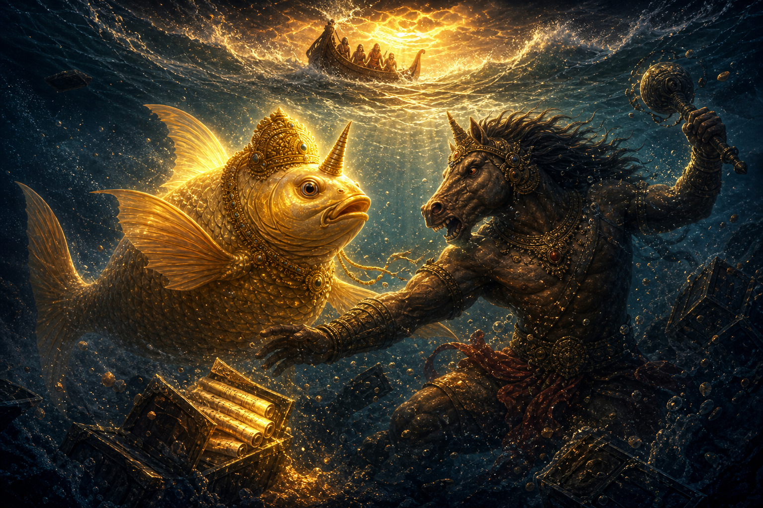 Matsya battling the horse-headed rakshasa Hayagriva in the ocean depths to recover the stolen Vedas