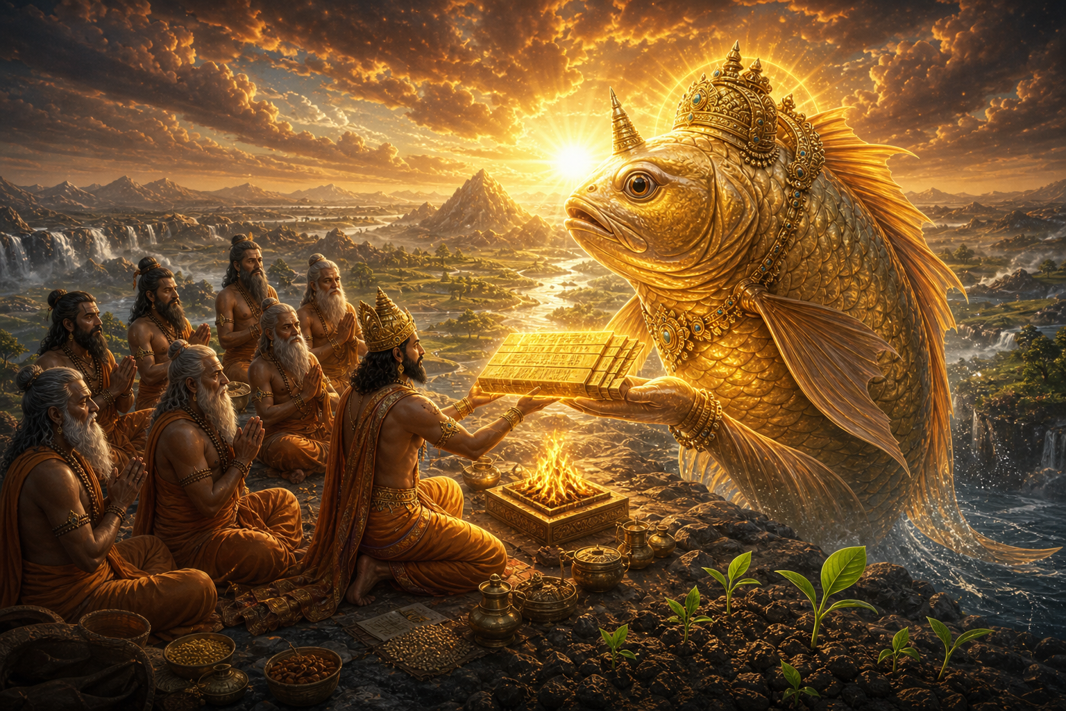 Post-flood renewal: Matsya returning the Vedas to Manu on the mountain as the new Satya Yuga begins