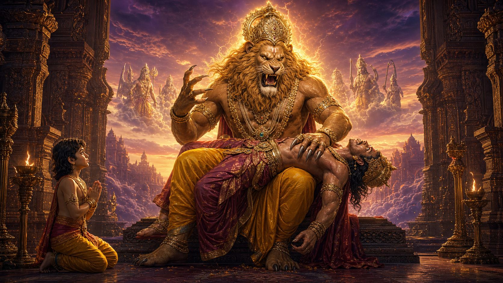 Animated devotional scene of Lord Narasimha subduing Hiranyakashipu at twilight on the palace threshold, powerful and respectful