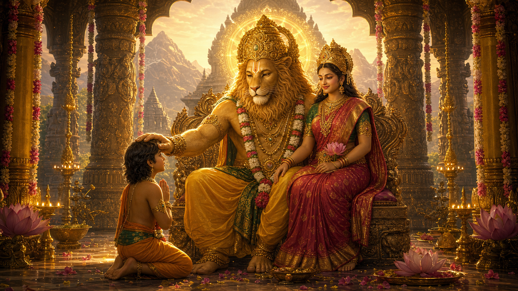 Animated devotional scene of pacified Lakshmi Narasimha blessing Prahlada in golden temple light
