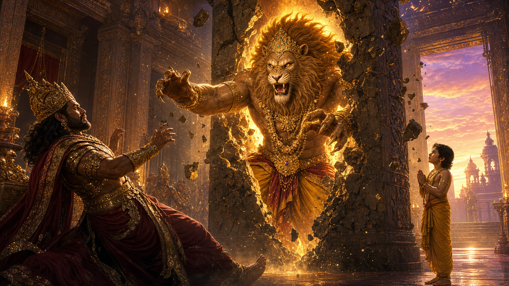 Animated mythological scene of Lord Narasimha emerging from a palace pillar at twilight before Hiranyakashipu and Prahlada