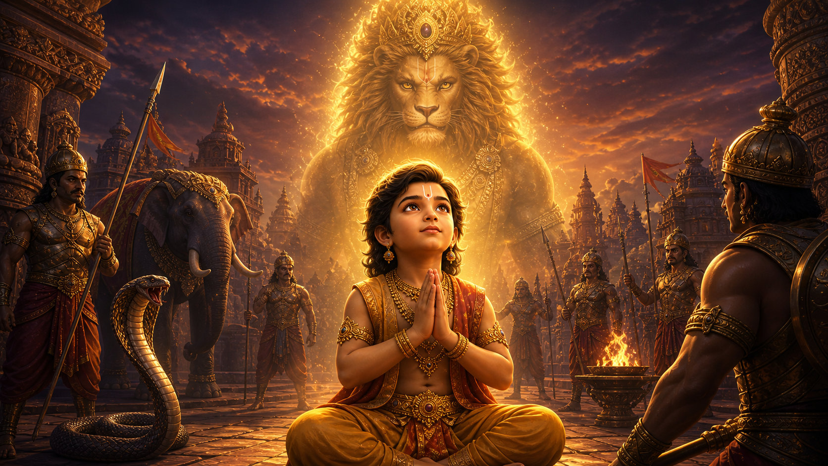Animated devotional scene of young Prahlada praying in an asura palace while Lord Narasimha's golden protective presence shines behind him