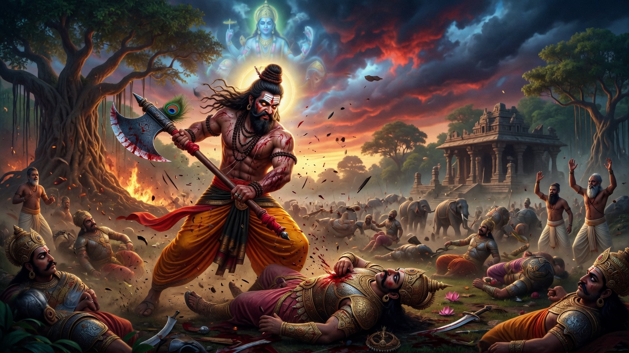 Parashurama the axe-wielder in the midst of his righteous campaigns against corrupt Kshatriya power - refined epic realistic elegant in Mahavatar Narasimha movie style, accurate traditional Indian sage-warrior, no text