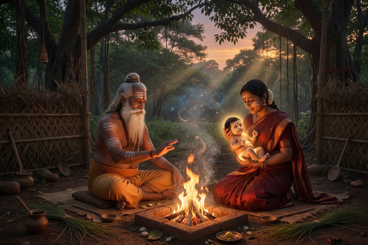 Divine birth of infant Parashurama in a simple Vedic forest hermitage with sage Jamadagni and radiant Renuka - refined epic realistic elegant in Mahavatar Narasimha movie style, accurate traditional Hindu Indian, no text