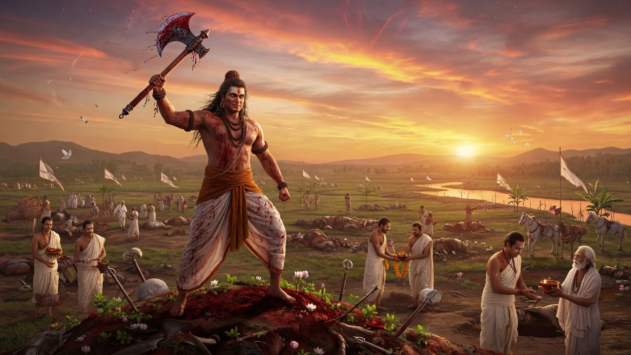 Parashurama standing after the twenty-onefold cleansing of the earth, axe raised in fulfillment of dharma - refined epic realistic elegant cinematic in Mahavatar Narasimha movie style, accurate traditional Hindu Indian, no text