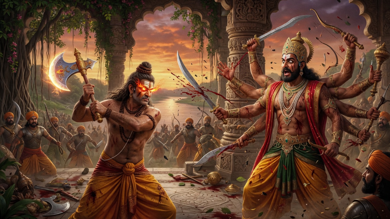Parashurama the axe-wielder in fierce yet righteous battle against the thousand-armed Kartavirya Arjuna - refined epic realistic elegant cinematic in Mahavatar Narasimha movie style, accurate traditional Hindu Indian, no text