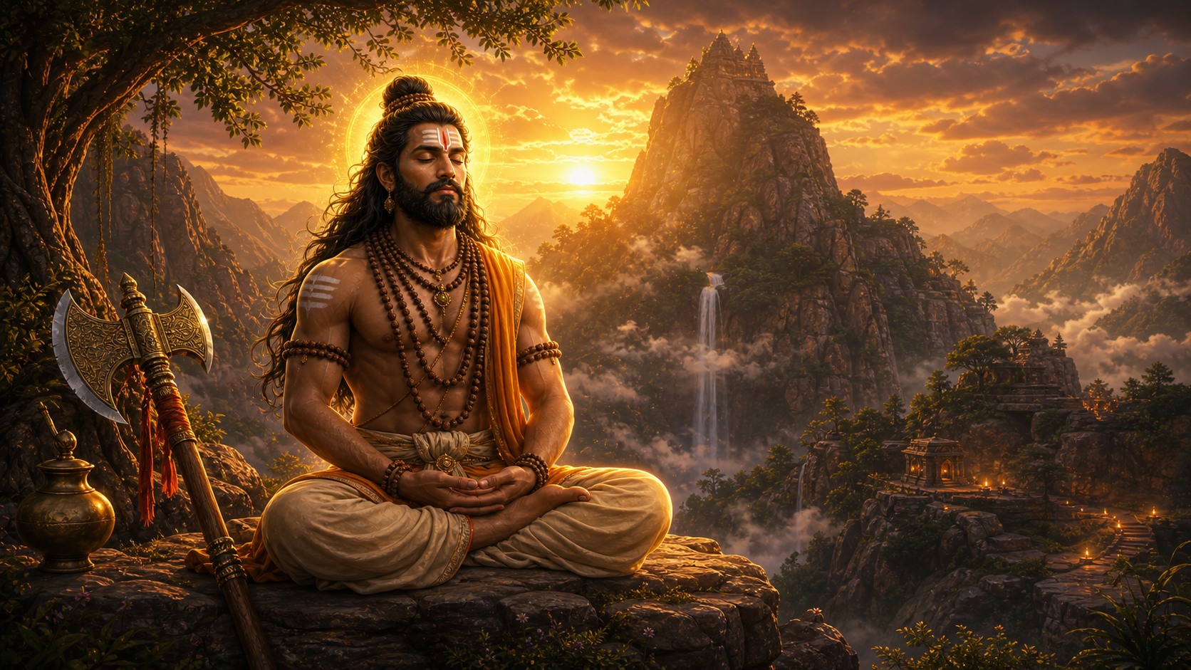 Parashurama the immortal Chiranjeevi in deep tapasya on sacred Mahendragiri mountain - refined epic realistic elegant cinematic in Mahavatar Narasimha movie style, accurate traditional Hindu Indian, no text