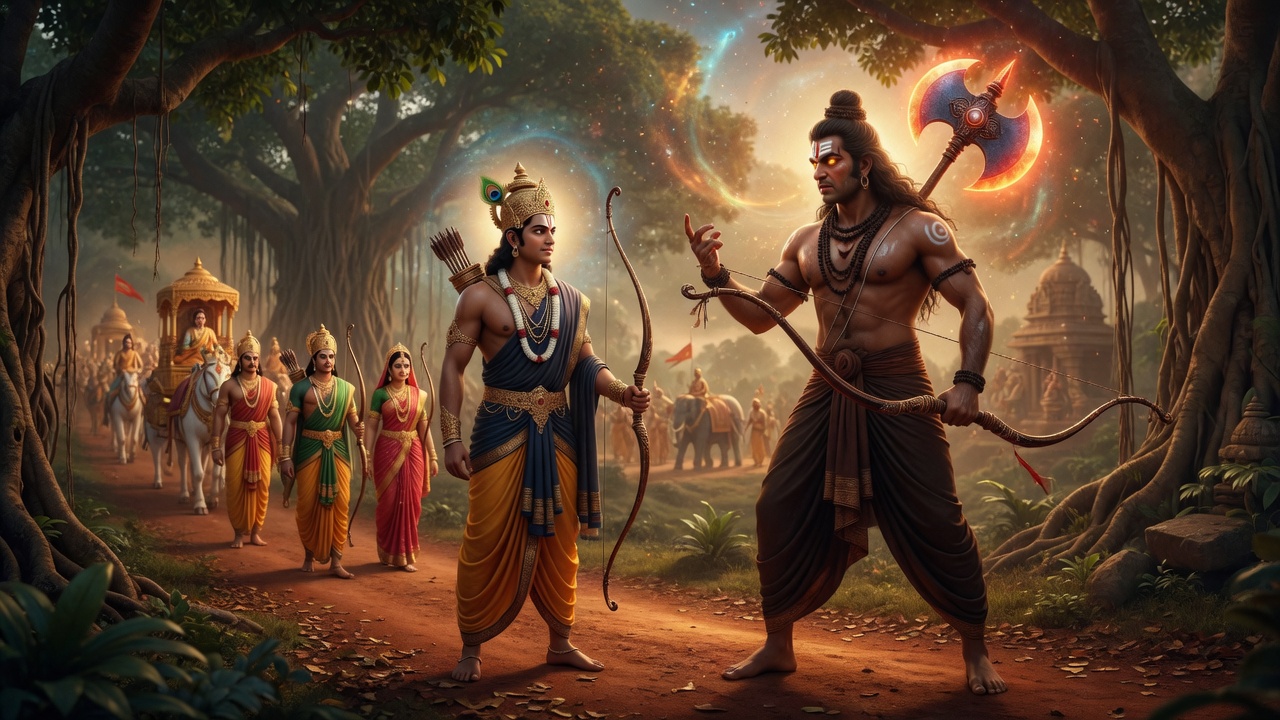 The profound meeting of Parashurama and Lord Rama after the breaking of Shiva's bow - refined epic realistic elegant cinematic in Mahavatar Narasimha movie style, accurate traditional Hindu Indian, no text