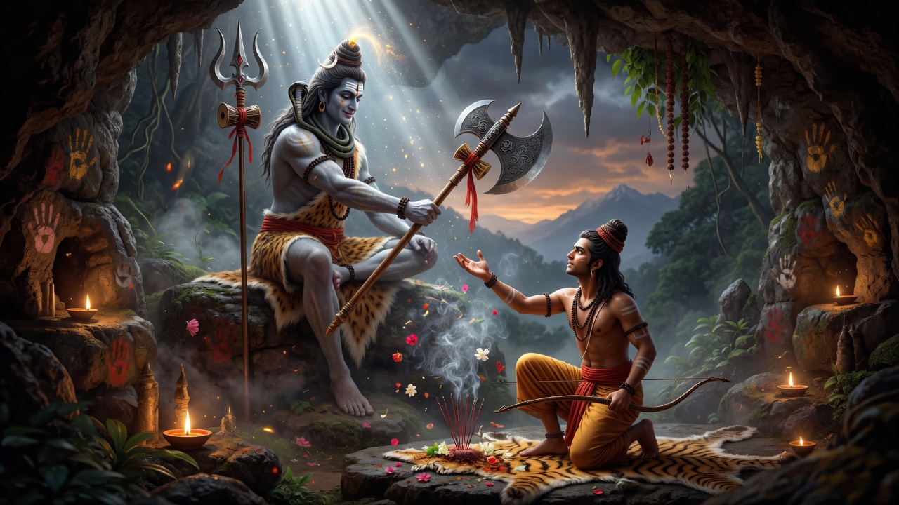 Parashurama receiving the divine parashu battle axe from Lord Shiva - refined epic realistic elegant cinematic in Mahavatar Narasimha movie style, accurate traditional Hindu Indian, no text