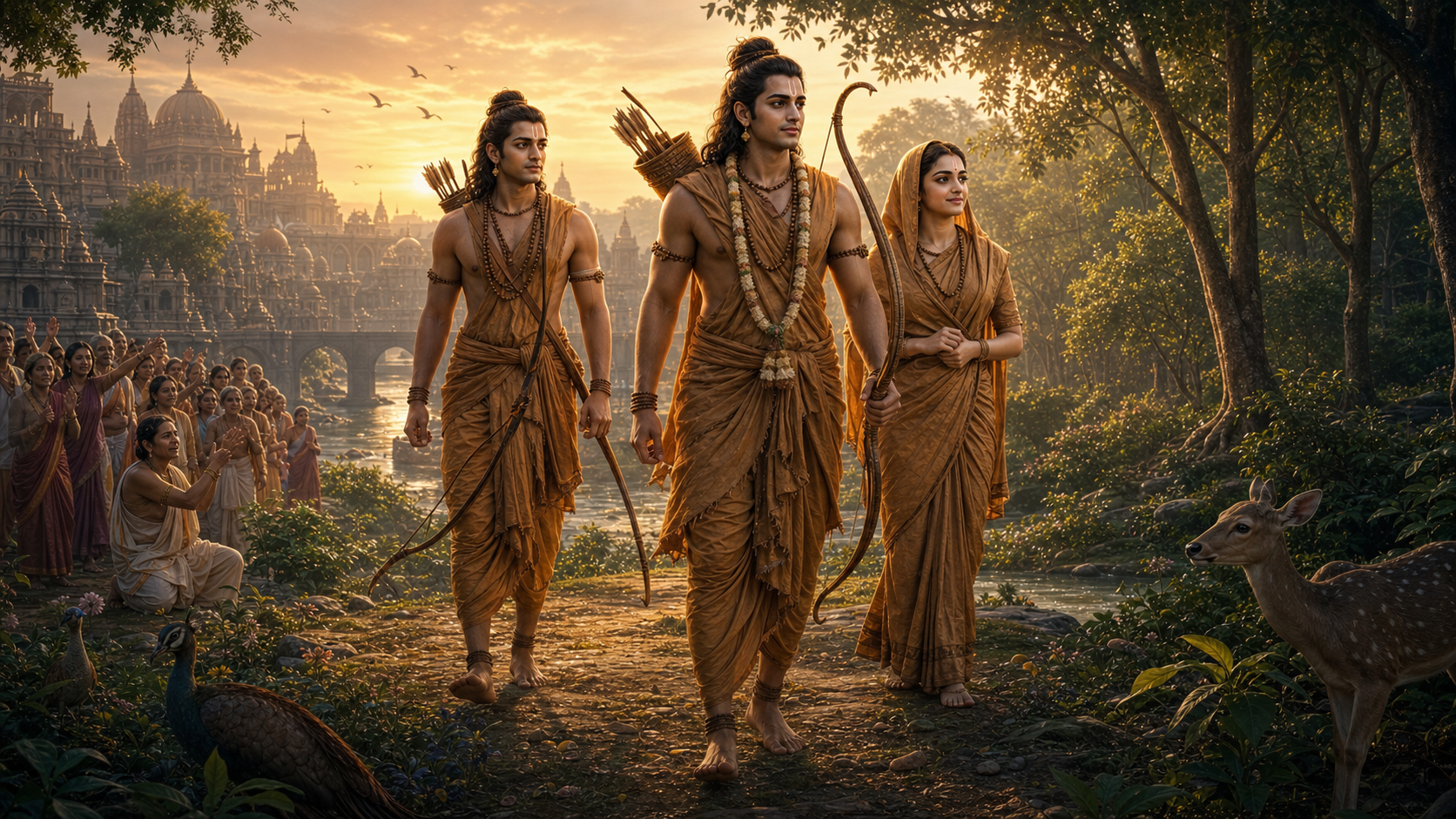 Rama, Sita, and Lakshmana entering forest exile with serene dignity as Ayodhya grieves behind them