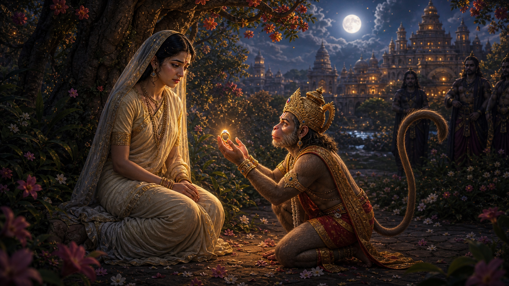 Hanuman offering Rama's ring to Sita in Ashoka Vatika under moonlit trees in Lanka