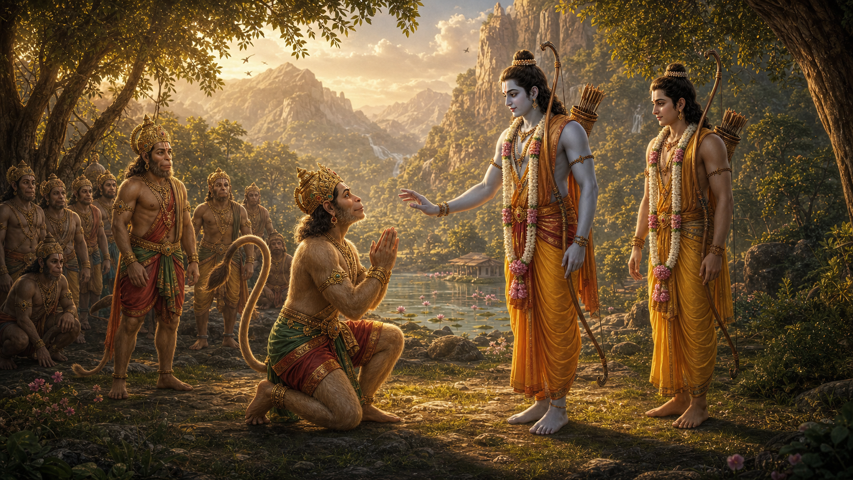 Hanuman meeting Rama and Lakshmana near Rishyamukha mountain and beginning the sacred alliance with Sugriva