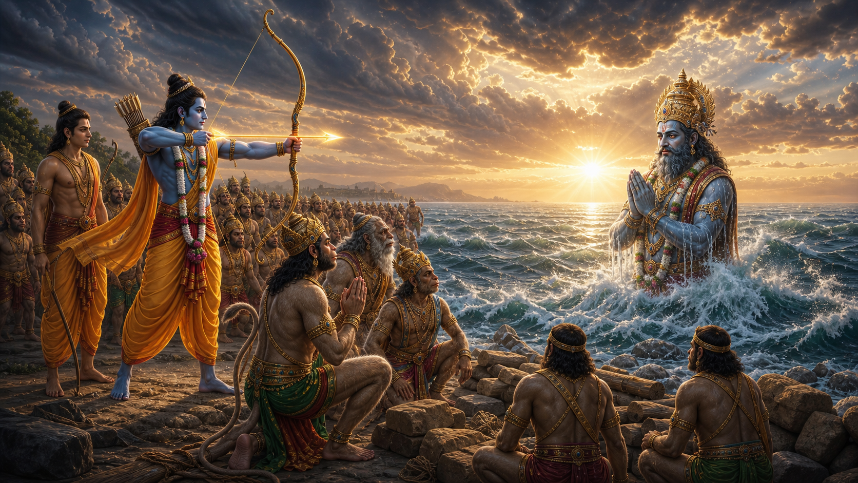 Samudra Deva pacifying Rama's righteous fury at the ocean shore before the building of Rama Setu