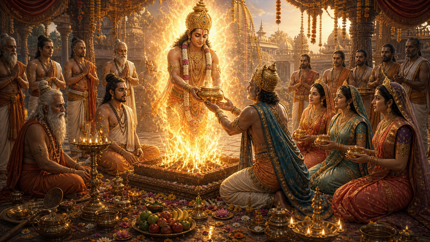 King Dasharatha receiving divine payasam from the Putrakameshti yajna before the birth of Rama and his brothers