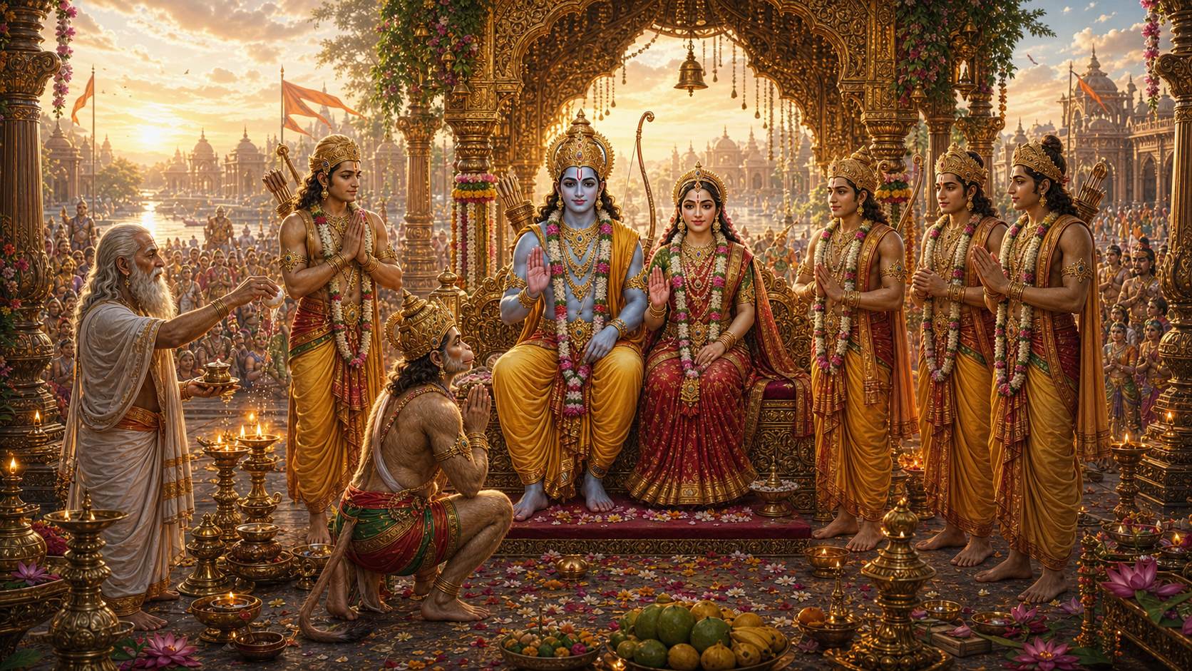 Rama and Sita enthroned in Ayodhya during Rama Rajya with Lakshmana, Bharata, Shatrughna, Vasistha, and Hanuman