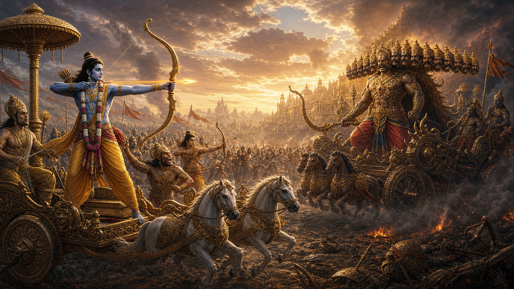 Lord Rama in the final righteous battle with Ravana outside Lanka, powerful and respectful without gore
