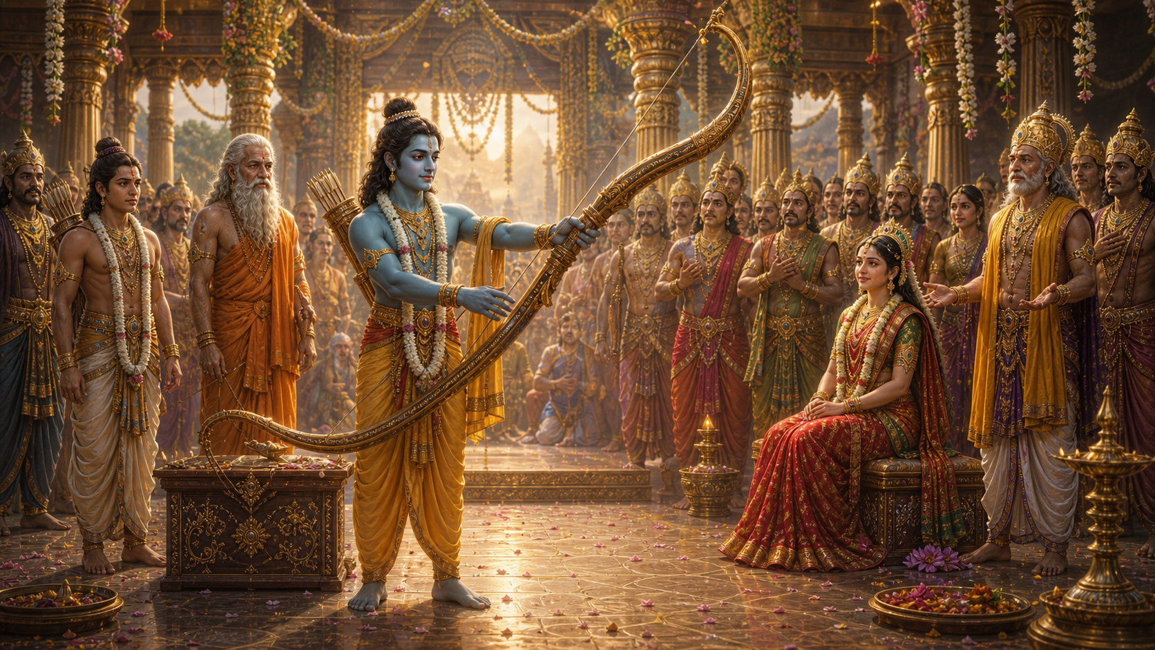 Rama lifting and stringing Shiva's bow at Sita's swayamvara in King Janaka's court