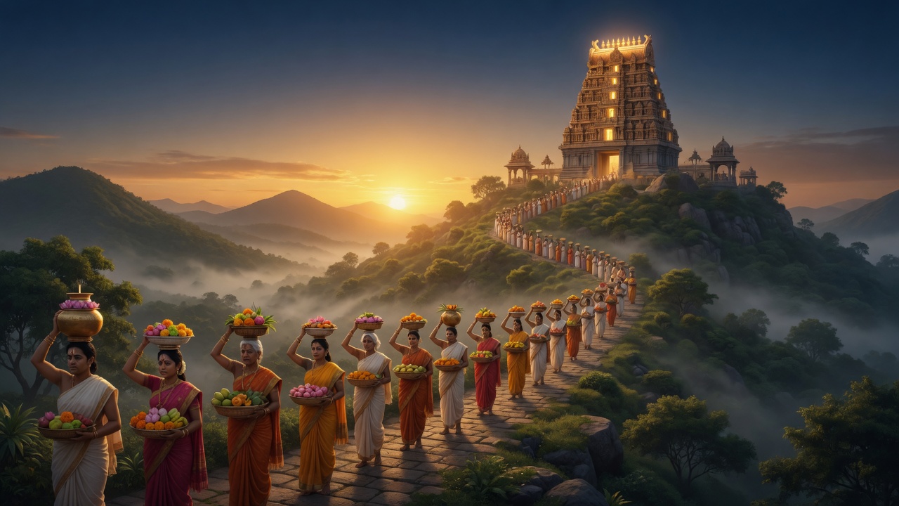 Pilgrims approaching a sacred hill temple at dawn