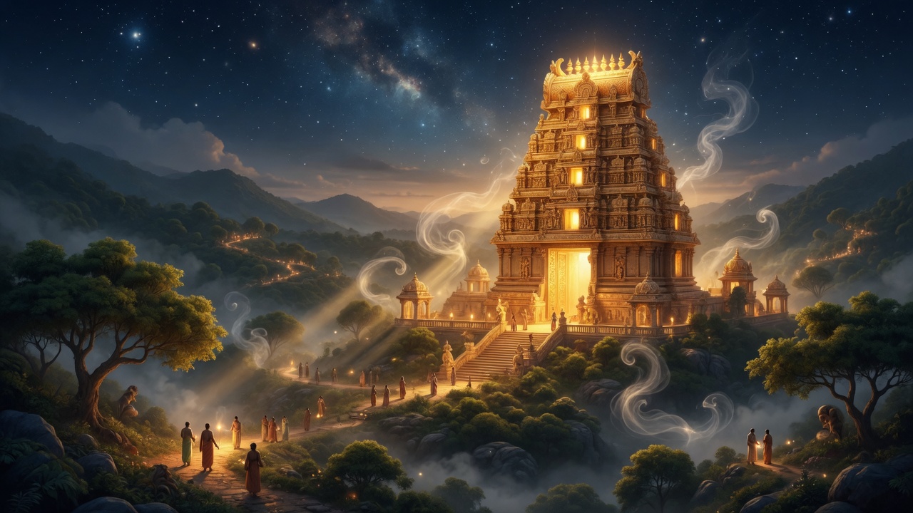 Sacred hills and temple atmosphere of Tirumala — mythic painting