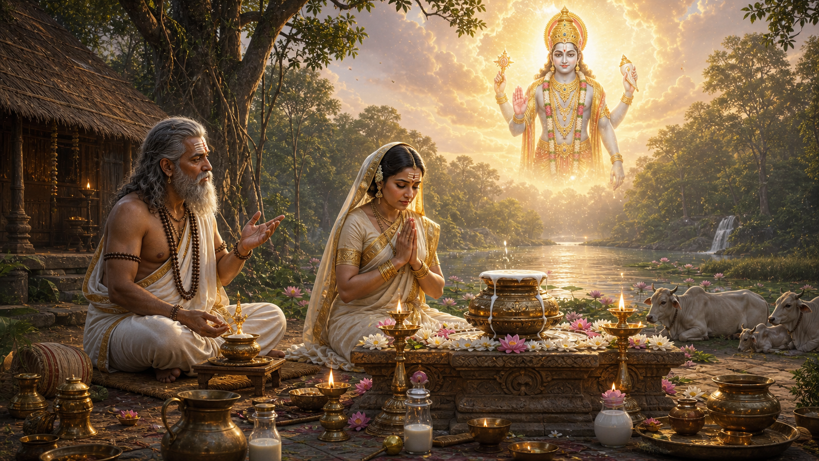 Aditi performing the Payovrata vow under Kashyapa's guidance while Lord Vishnu appears in blessing