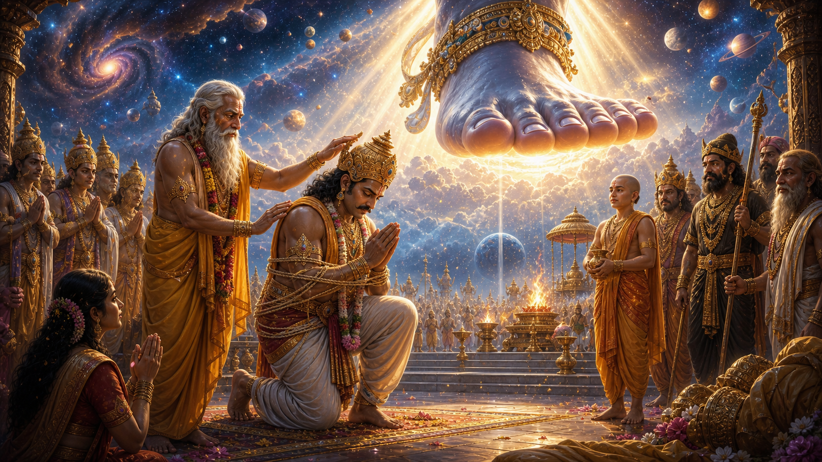 Mahabali bound by divine ropes offering his head for Vamana's third step while Prahlada blesses him