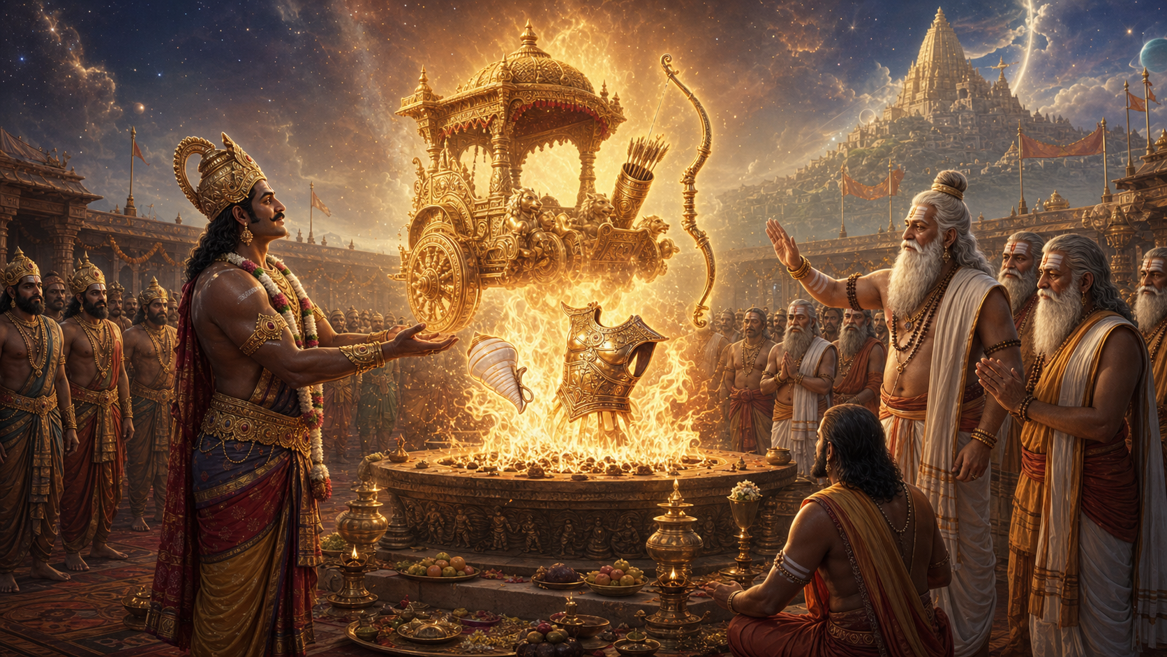 King Mahabali receiving divine weapons and a radiant chariot from the Vishvajit sacrifice while Bhrigu sages bless him