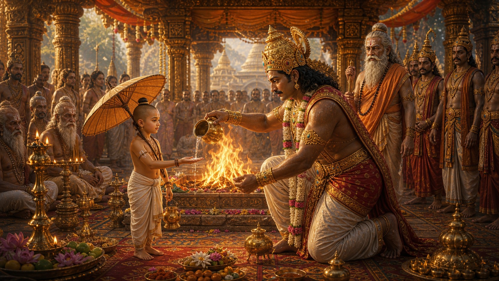 Young Vamana asking King Mahabali for three steps of land at the sacred yajna