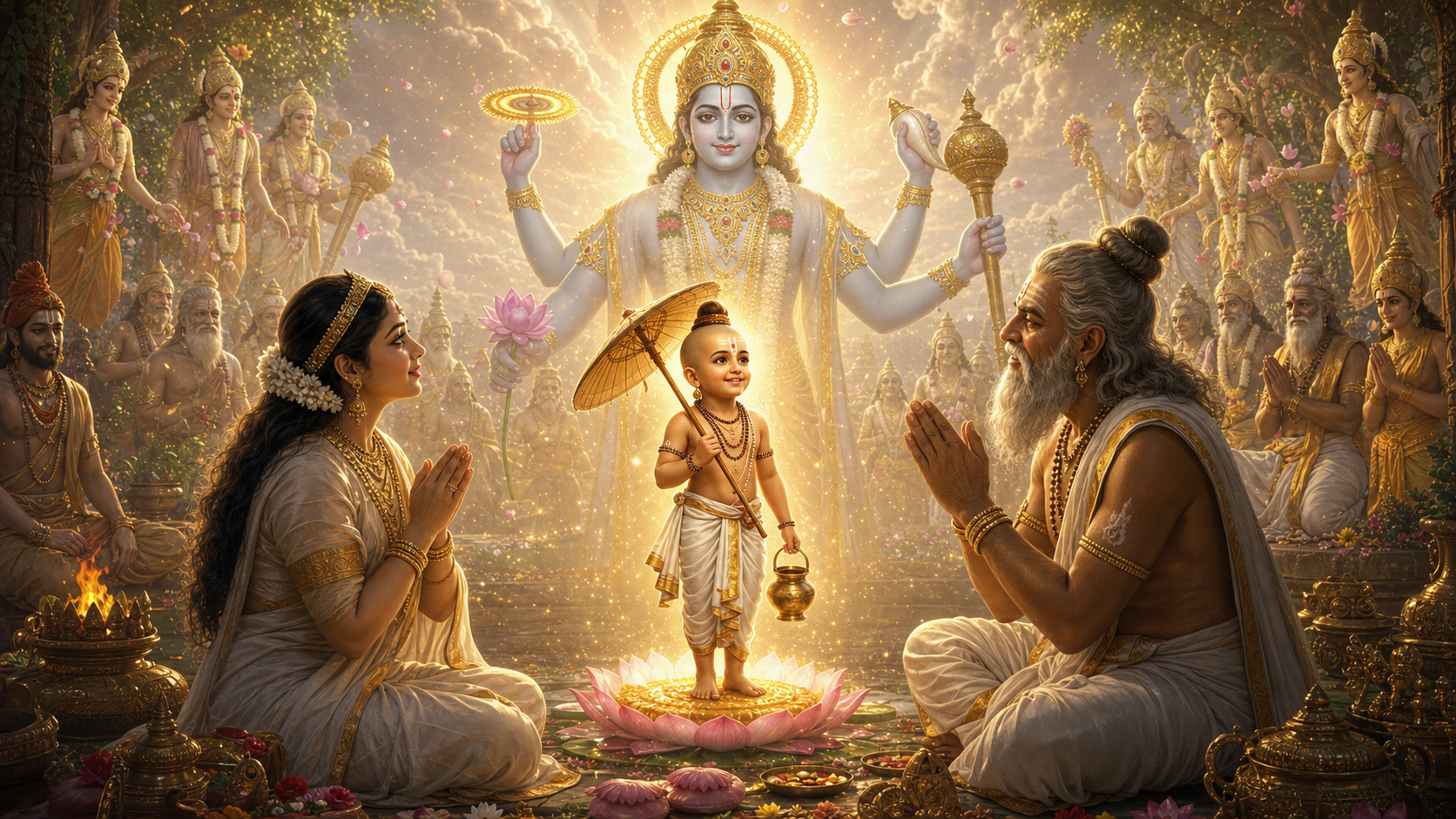 Lord Vamana born to Aditi and Kashyapa as a radiant young brahmachari with a subtle four-armed Vishnu aura