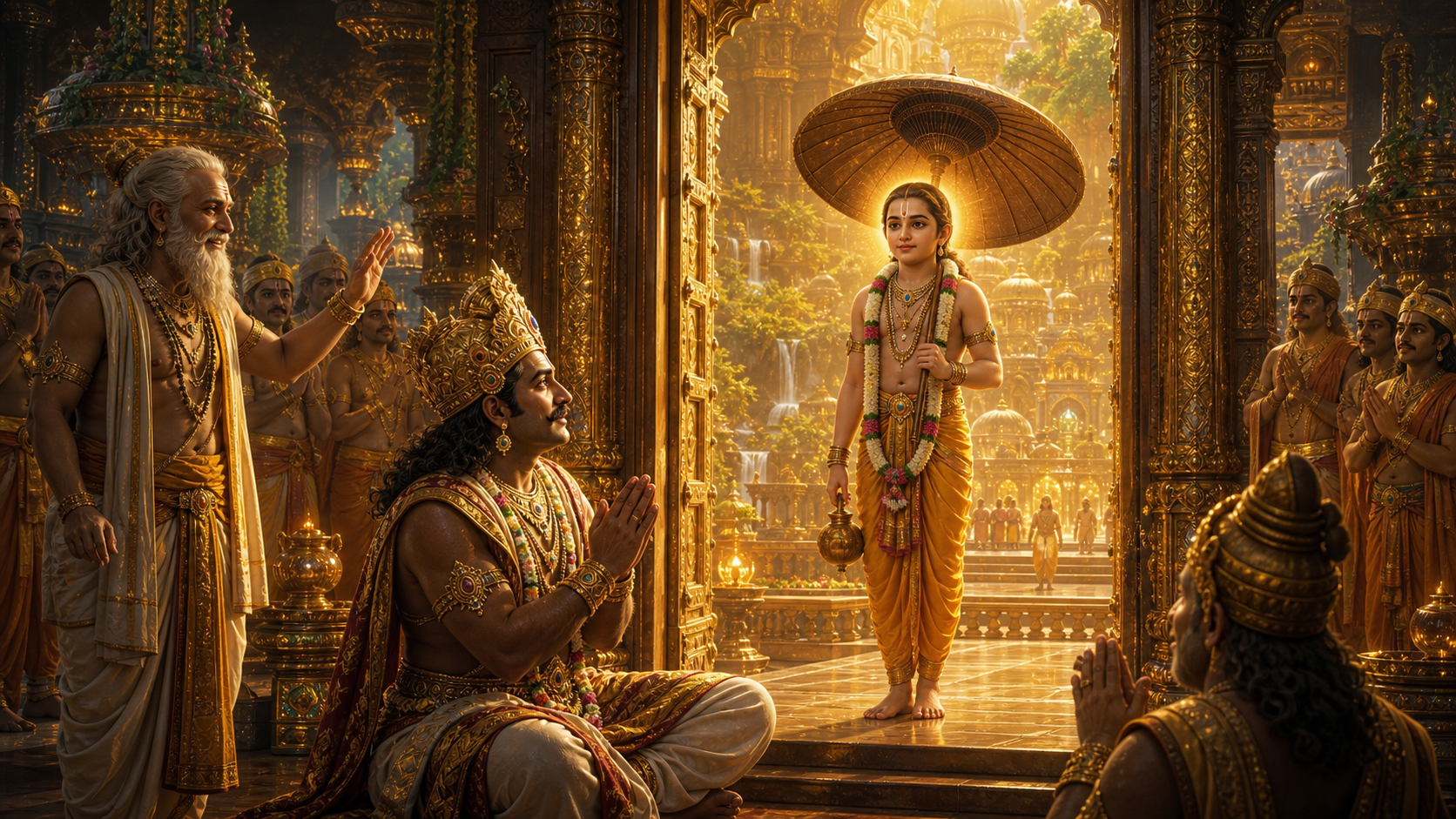 Lord Vamana standing as eternal protector at the doorway of Sutala while King Mahabali worships Him