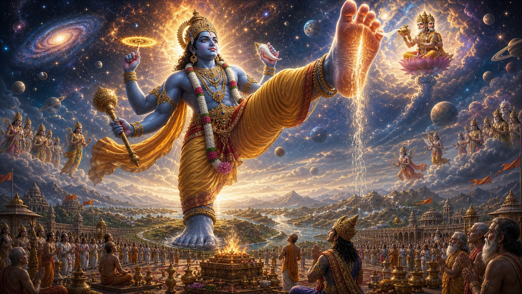 Vamana expanding into Trivikrama and covering the worlds with His cosmic steps