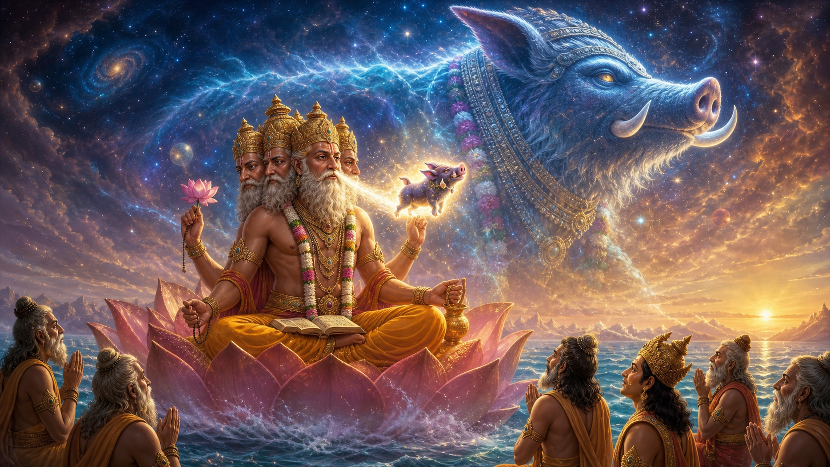 Lord Varaha emerging from Brahma's nostril as a tiny radiant boar and expanding into a cosmic form before astonished sages