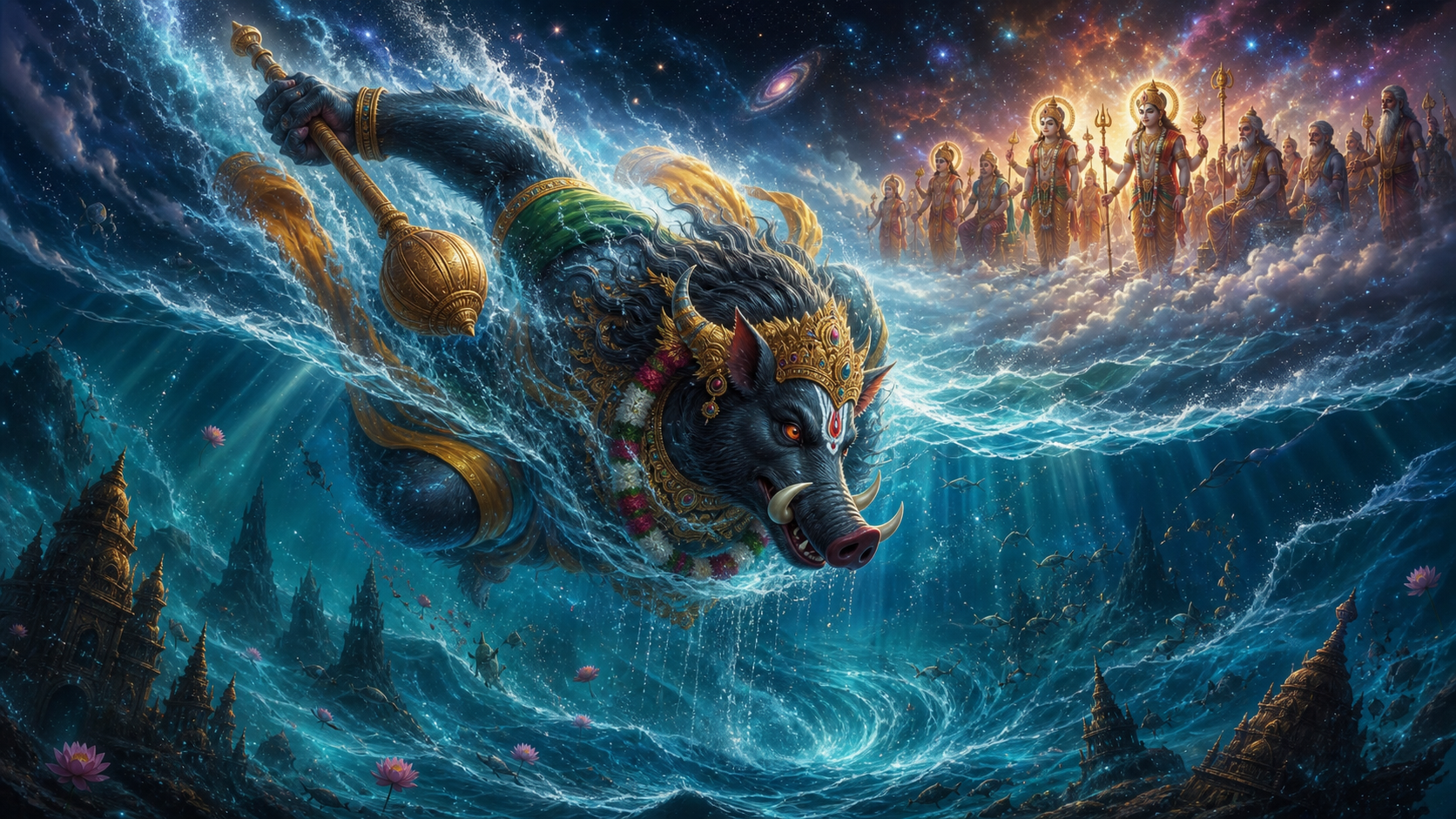 Lord Varaha diving into the Garbhodaka cosmic ocean while devas and sages pray from above