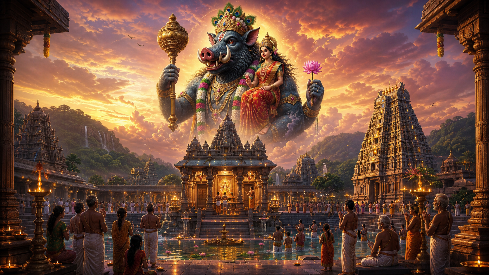 Lord Varaha with Bhudevi appearing as an eternal protector above a sacred South Indian temple and temple tank at sunrise