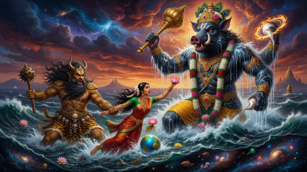 Hiranyaksha confronting Lord Varaha in the cosmic ocean as Bhudevi is rescued from danger