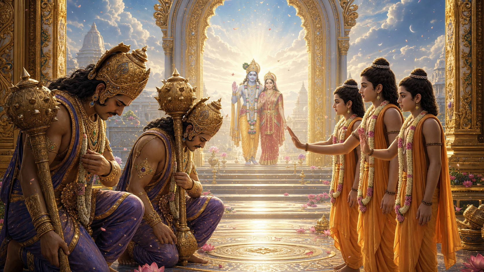 Jaya and Vijaya humbled before the four Kumaras at the luminous gate of Vaikuntha while Vishnu appears with compassion