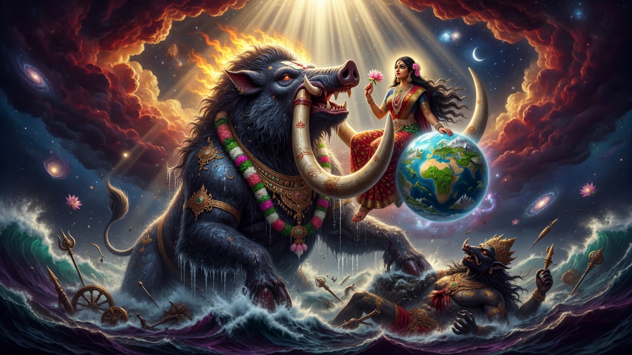 Lord Varaha lifting Bhudevi and the restored Earth from the cosmic ocean after the defeat of Hiranyaksha